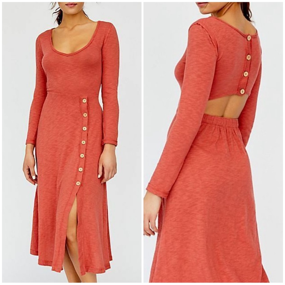 Free People FP Beach Starlight Maxi Dress Cotton Red Orange Open Back Button M
